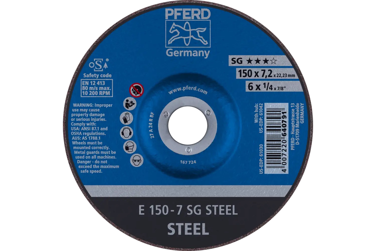 Picture of Pferd Grinding Wheel, 6" X 1/4 X 7/8, Sg Steel, T27, Aluminum Oxide
